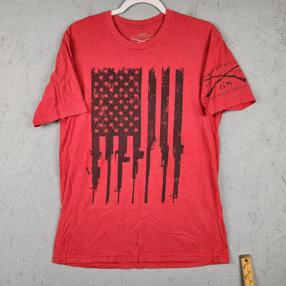 Grunt Style Shirt Mens Large Red American Flag Rifle Graphic Patriotic USA